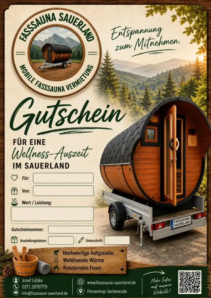 Gutschein Fasssauna Sauerland – Wellness-Auszeit im Sauerland, Vorschau des Geschenkgutscheins